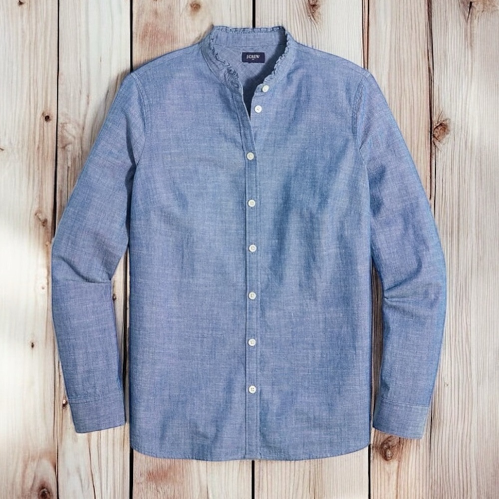 J. Crew Chambray Button Front Top With Ruffled Collar